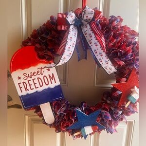 Patriotic Fourth Of July American Handmade Wreath Indoor Outdoor Deco Mesh